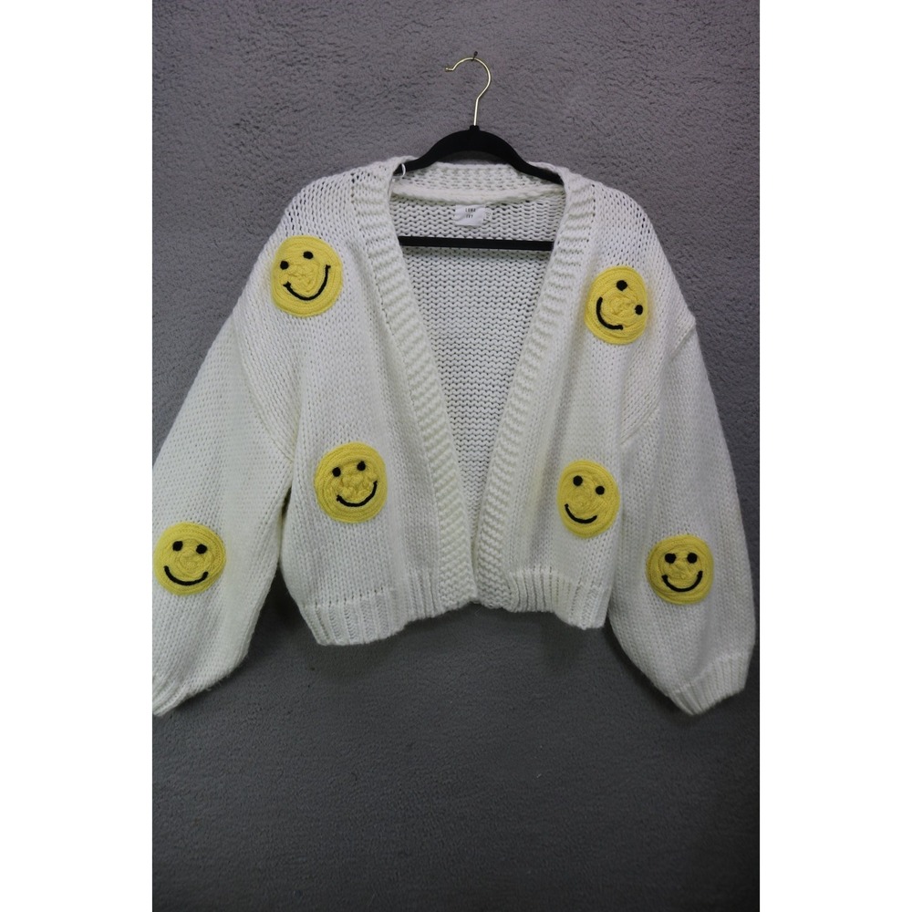 Luna Ivy Puff Sleeve Ivory Sweater-Size Medium-Smiley Faces-BOHO-Hippie